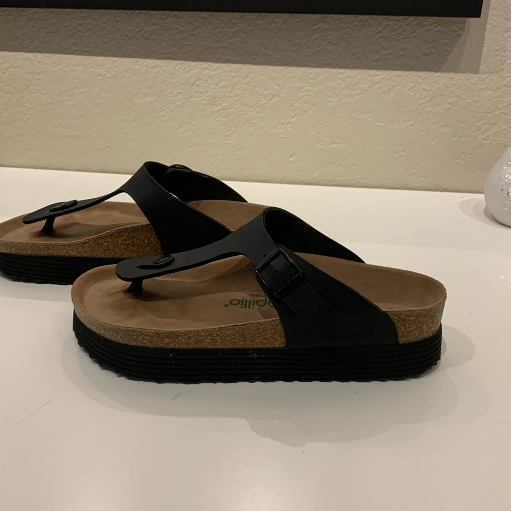 Papillio Black and Brown Sandals with Cork Footbed and Two-Strap Design